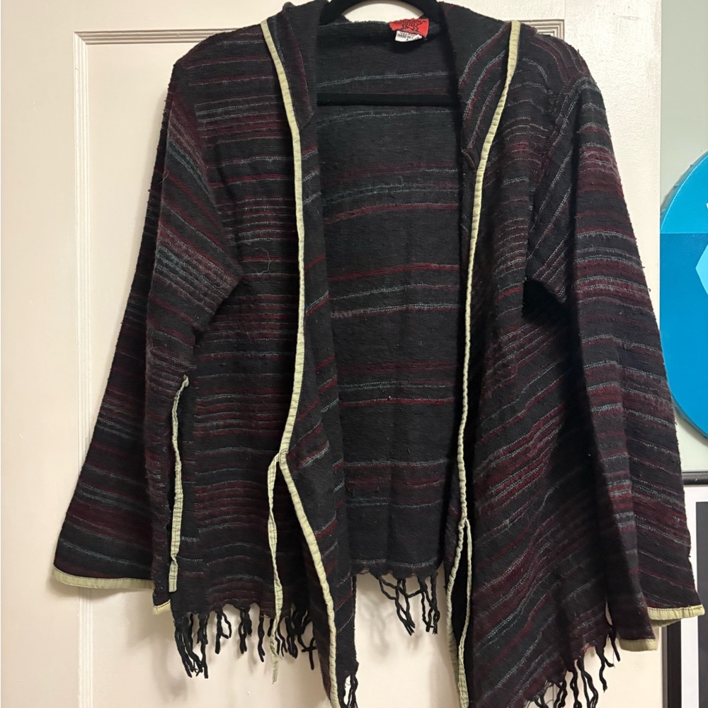 Striped Fringe Wrap-Style Cardigan